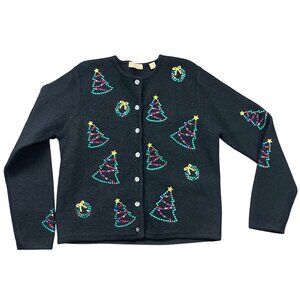 Kate Hill Casual Christmas Cardigan Sweater Women's Size Small 100%‎ Wool Black